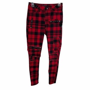 Punk Red & Black Plaid Pants with Zippers distressed with patches size 3